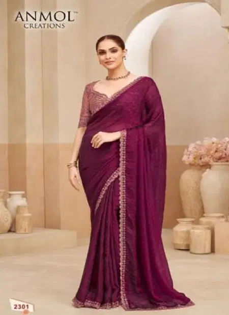Wine Colour Kaina Vol 4 By Anmol Georgette Shimmer Party Wear Designer Work Sarees Wholesalers In Delhi 2301
